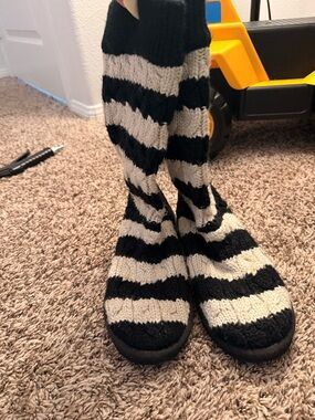 UGG Black and Cream Striped Knit Boots
